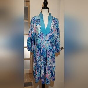 Simply Southern Blue Pink Aqua Tropical V-Neck Tunic Coverup